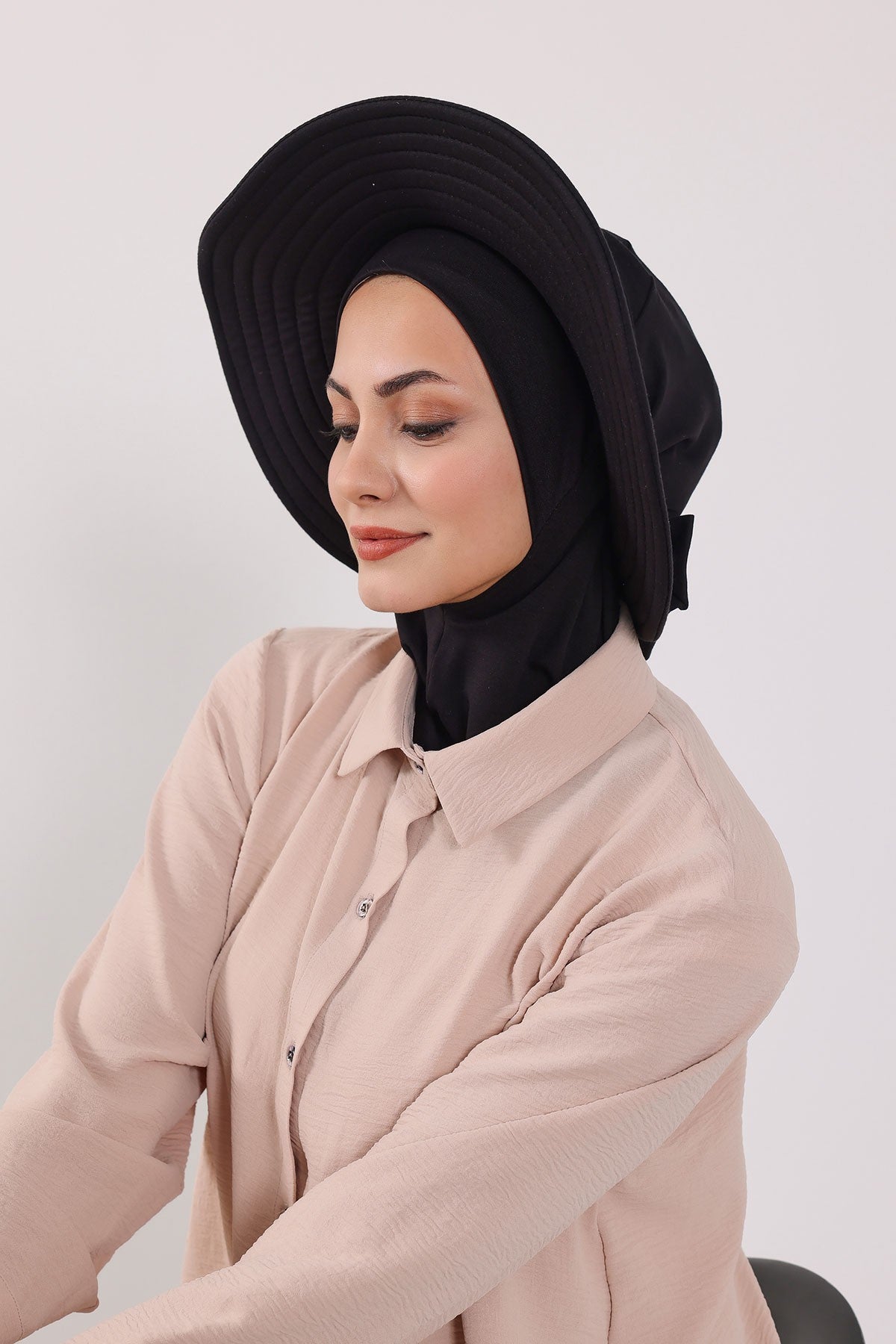Modest Sun Protective Turban Bonnet with Removable Bow Brim for Women, 2-in-1 Hijab Ninja Cap with Removable Brim,S-5 Black