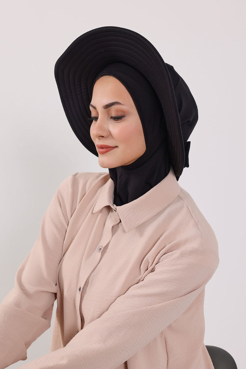 Modest Sun Protective Turban Bonnet with Removable Bow Brim for Women, 2-in-1 Hijab Ninja Cap with Removable Brim,S-5 Black