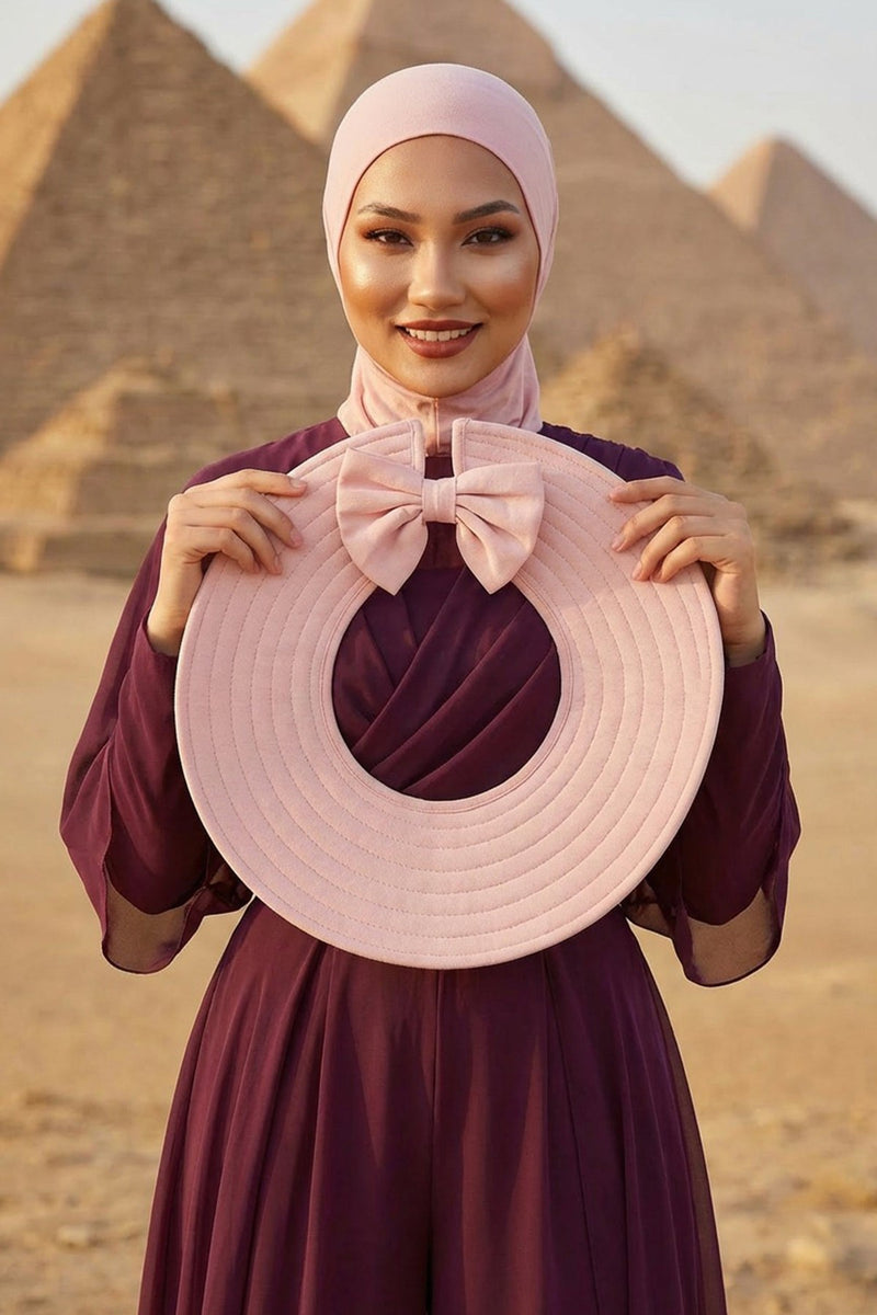 Modest Sun Protective Turban Bonnet with Removable Bow Brim for Women, 2-in-1 Hijab Ninja Cap with Removable Brim,S-5 Powder