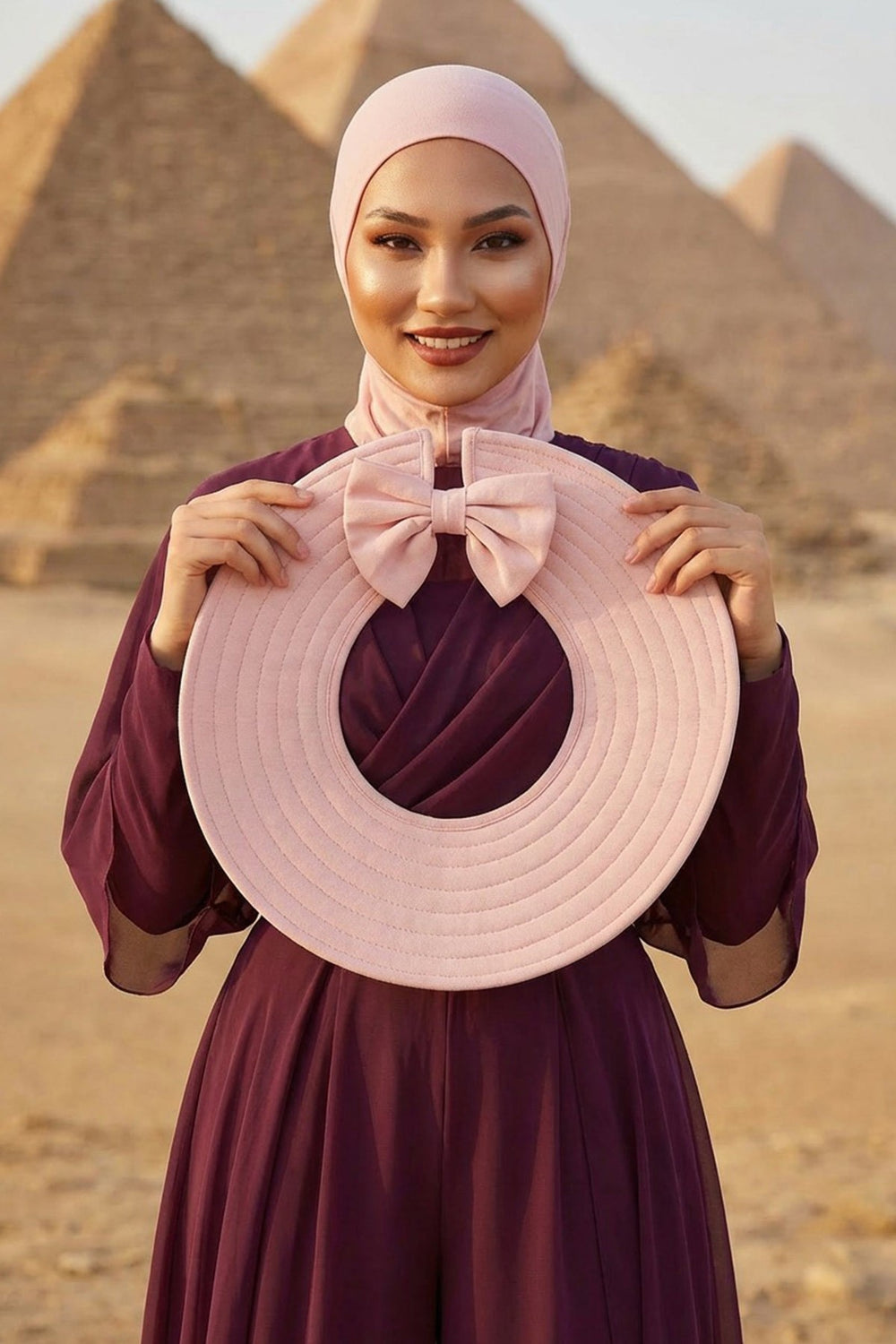 Modest Sun Protective Turban Bonnet with Removable Bow Brim for Women, 2-in-1 Hijab Ninja Cap with Removable Brim,S-5 Powder