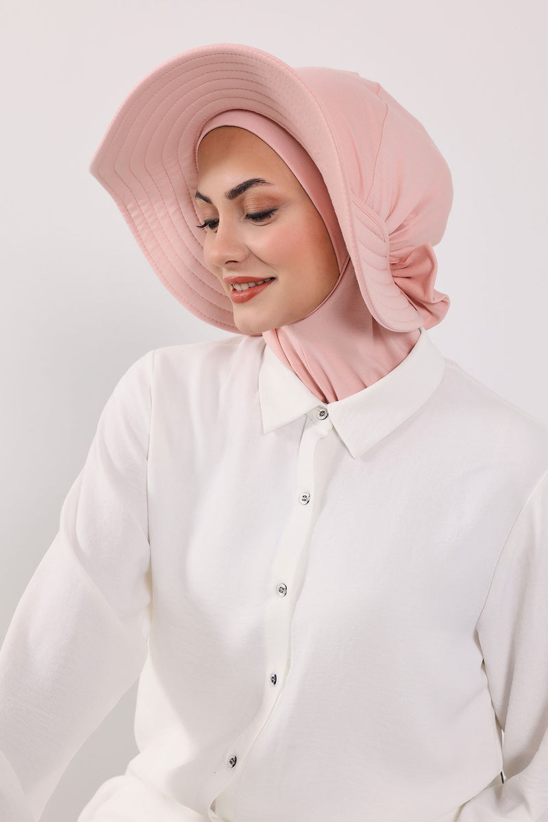 Modest Sun Protective Turban Bonnet with Removable Bow Brim for Women, 2-in-1 Hijab Ninja Cap with Removable Brim,S-5 Powder