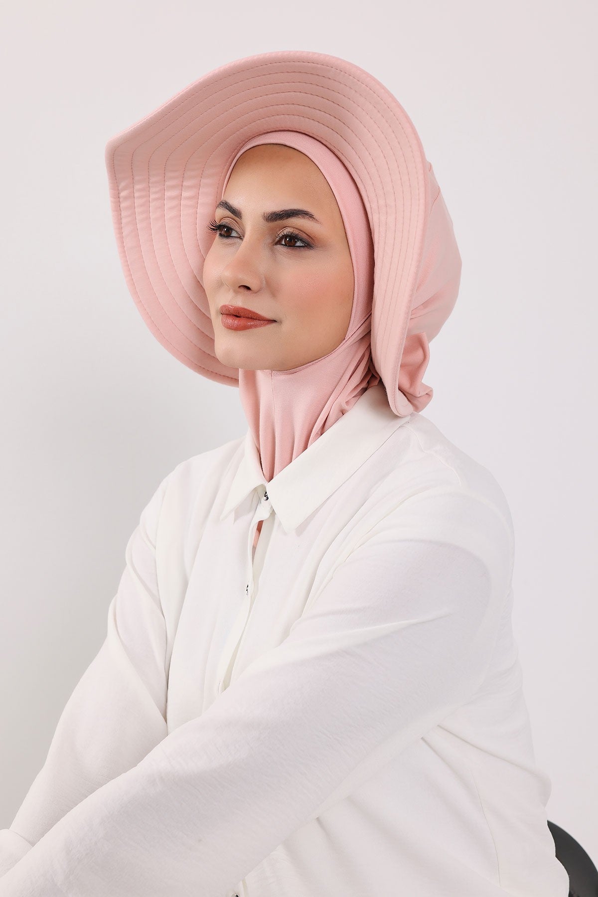 Modest Sun Protective Turban Bonnet with Removable Bow Brim for Women, 2-in-1 Hijab Ninja Cap with Removable Brim,S-5 Powder