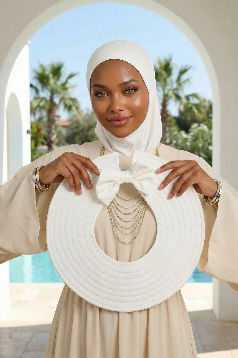 Modest Sun Protective Turban Bonnet with Removable Bow Brim for Women, 2-in-1 Hijab Ninja Cap with Removable Brim,S-5 Ivory