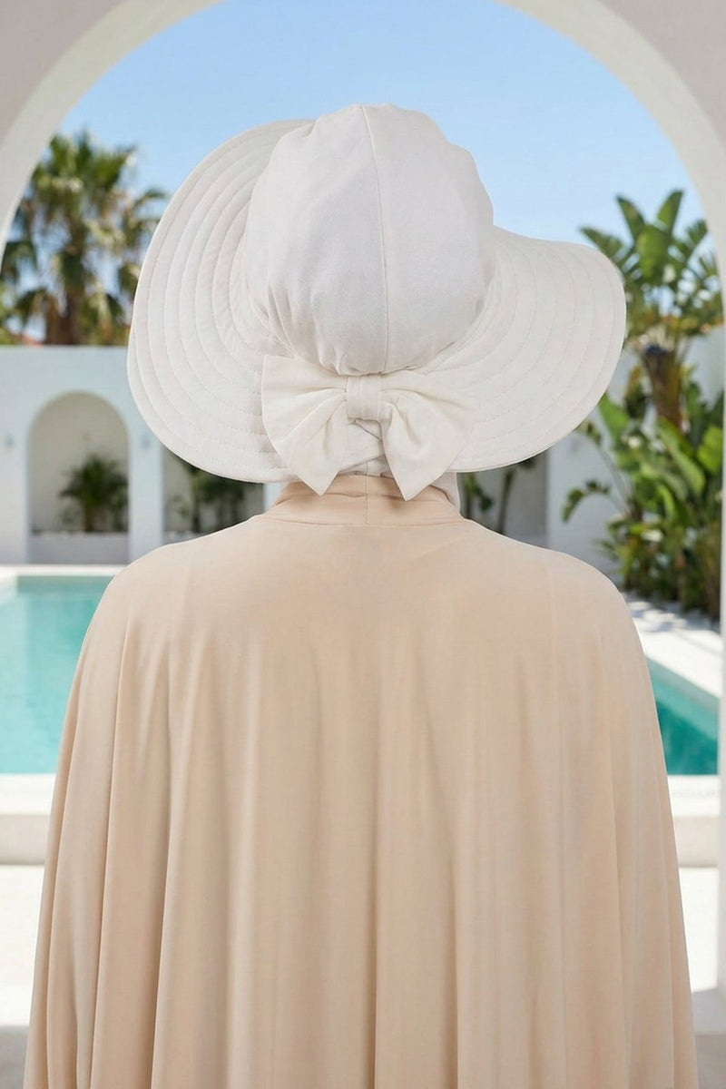Modest Sun Protective Turban Bonnet with Removable Bow Brim for Women, 2-in-1 Hijab Ninja Cap with Removable Brim,S-5 Ivory
