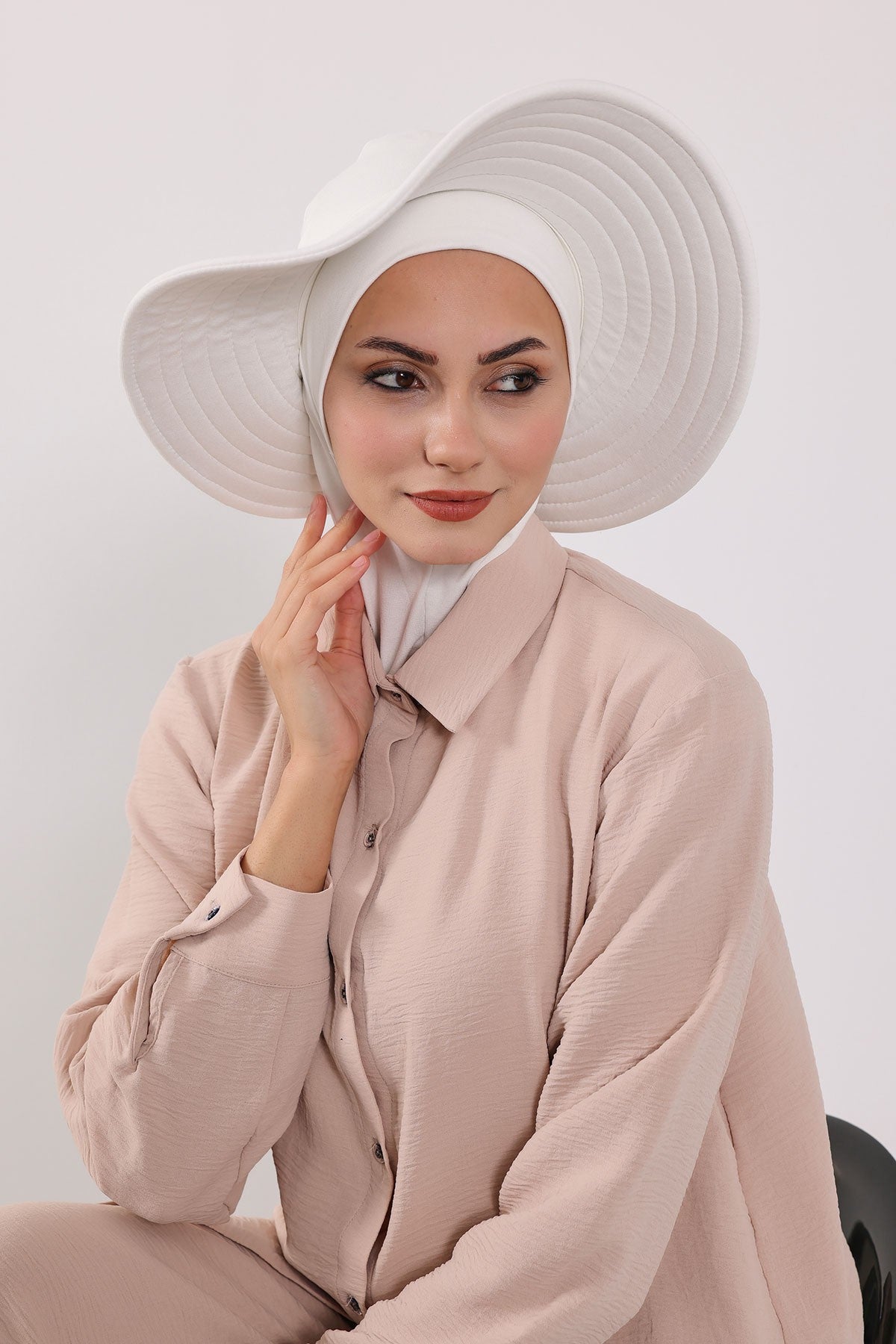 Modest Sun Protective Turban Bonnet with Removable Bow Brim for Women, 2-in-1 Hijab Ninja Cap with Removable Brim,S-5 Ivory