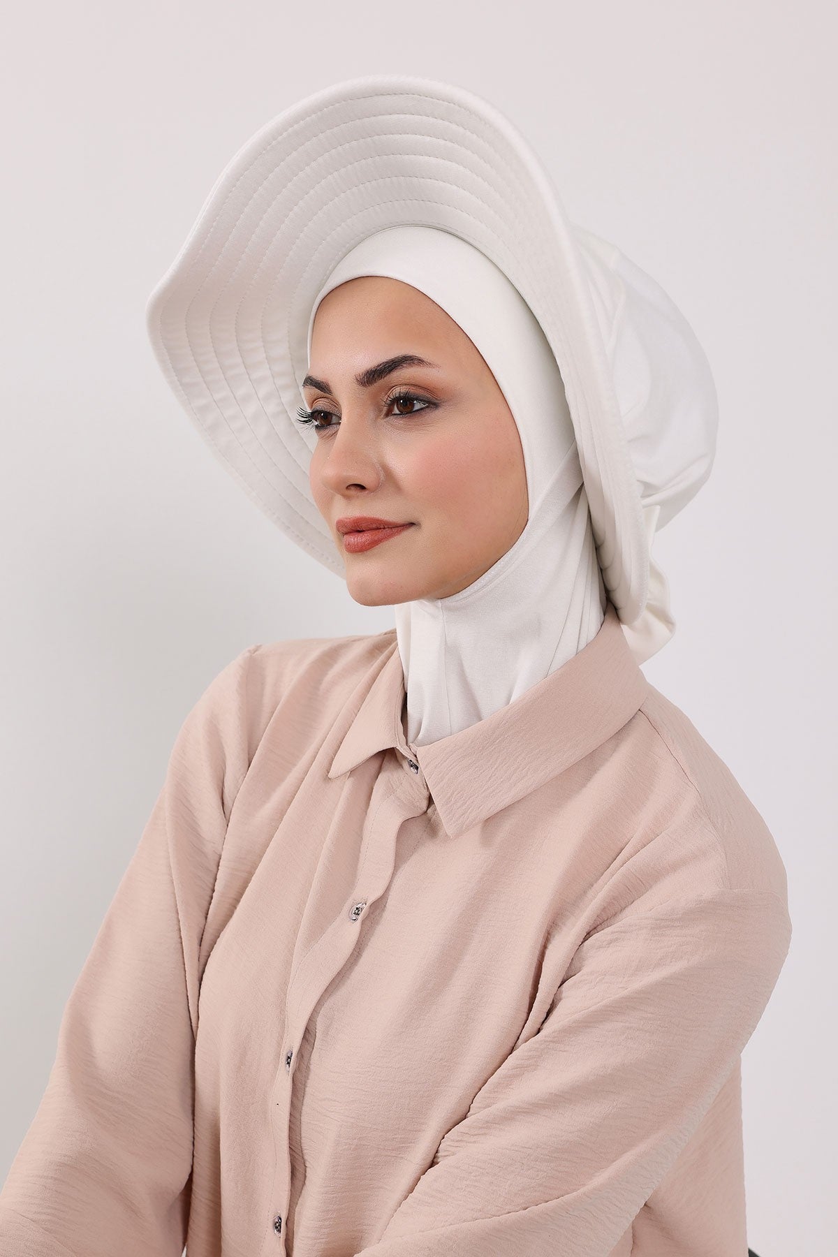 Modest Sun Protective Turban Bonnet with Removable Bow Brim for Women, 2-in-1 Hijab Ninja Cap with Removable Brim,S-5 Ivory