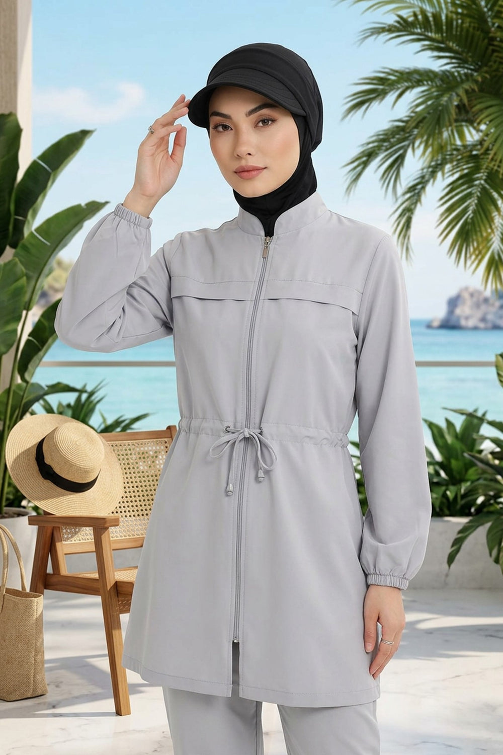 Modest Swim Turban with Detachable Visor, Quick Dry Ninja Cap for Women, Salt-Resistant Sea Bonnet Hijab,B-82SN Black