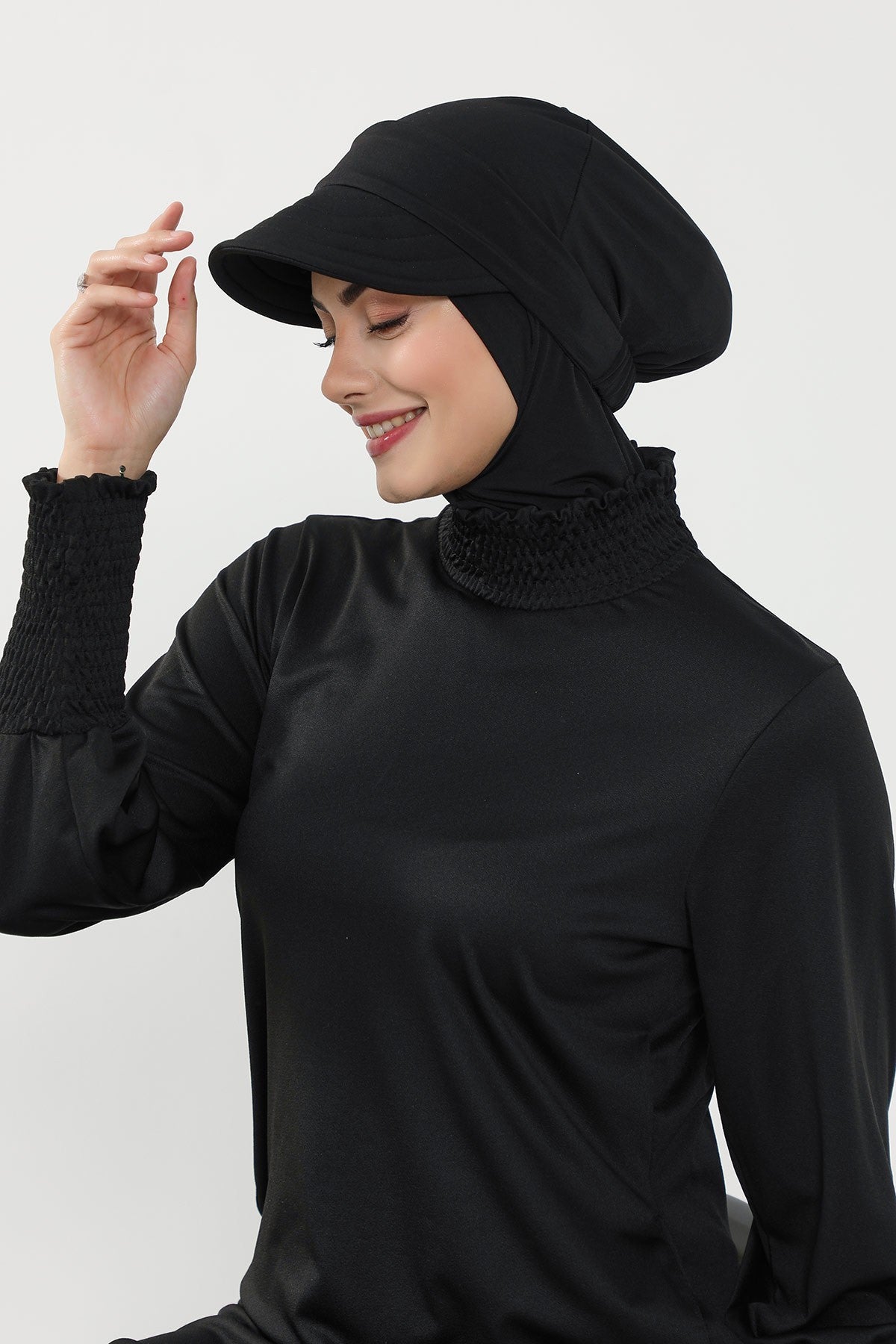 Modest Swim Turban with Detachable Visor, Quick Dry Ninja Cap for Women, Salt-Resistant Sea Bonnet Hijab,B-82SN Black