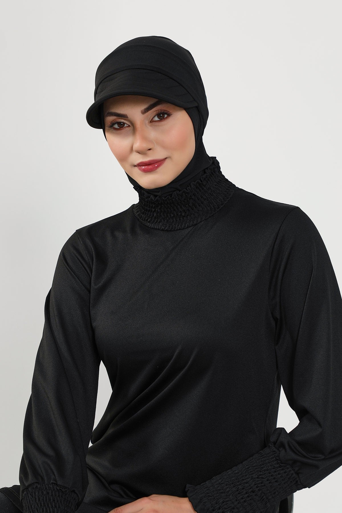 Modest Swim Turban with Detachable Visor, Quick Dry Ninja Cap for Women, Salt-Resistant Sea Bonnet Hijab,B-82SN Black