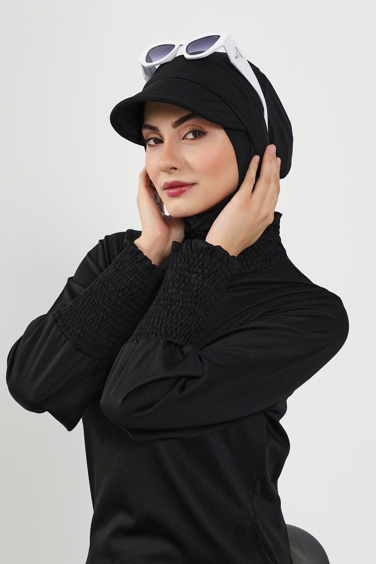 Modest Swim Turban with Detachable Visor, Quick Dry Ninja Cap for Women, Salt-Resistant Sea Bonnet Hijab,B-82SN Black