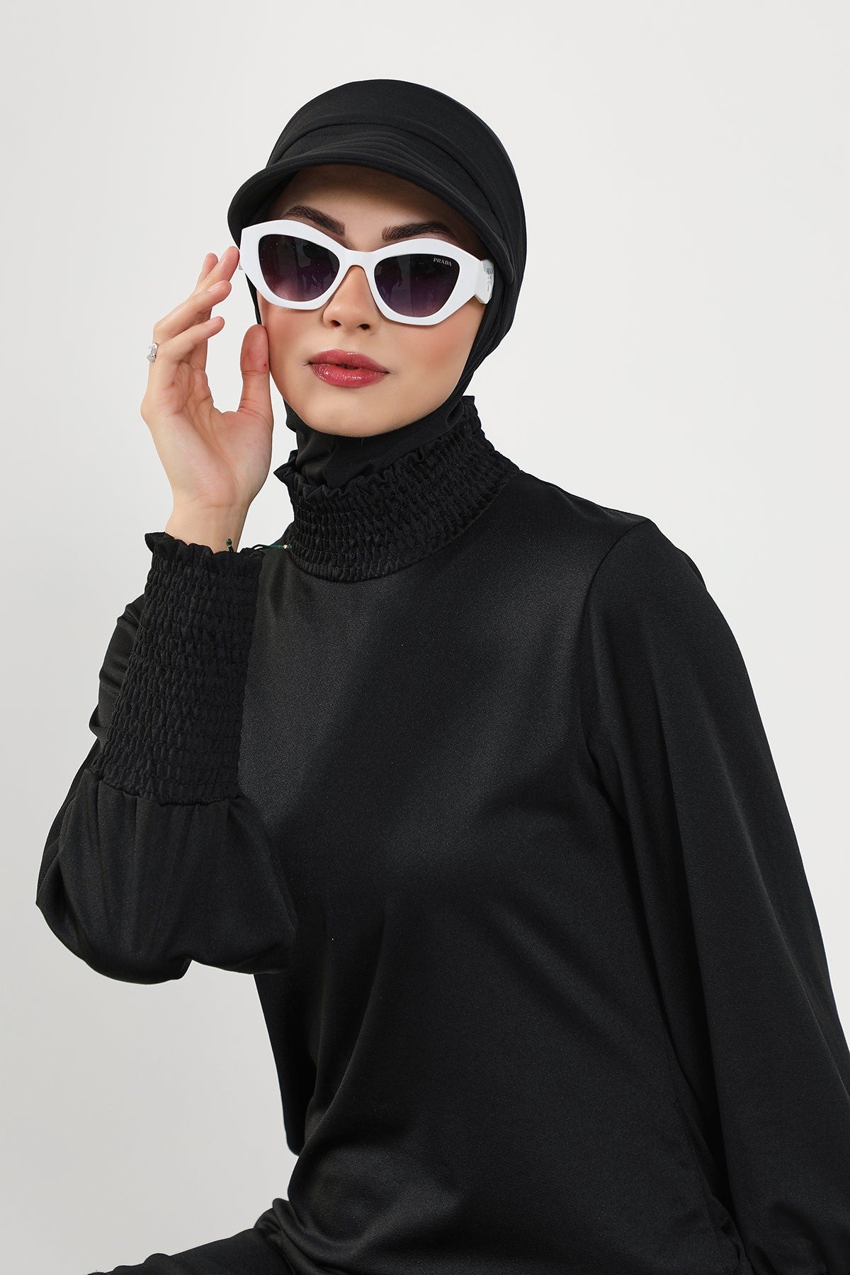 Modest Swim Turban with Detachable Visor, Quick Dry Ninja Cap for Women, Salt-Resistant Sea Bonnet Hijab,B-82SN Black