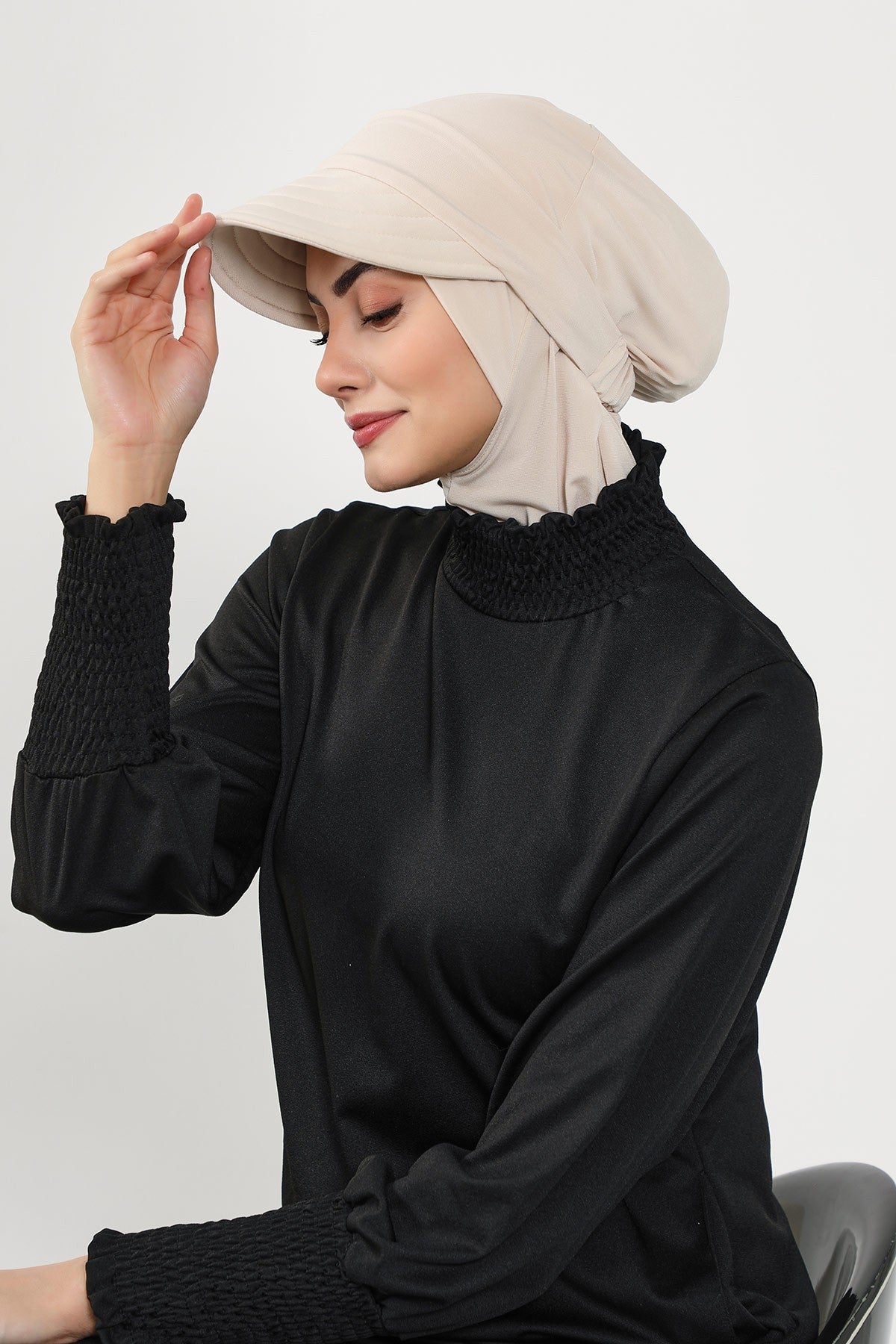 Modest Swim Turban with Detachable Visor, Quick Dry Ninja Cap for Women, Salt-Resistant Sea Bonnet Hijab,B-82SN Beige