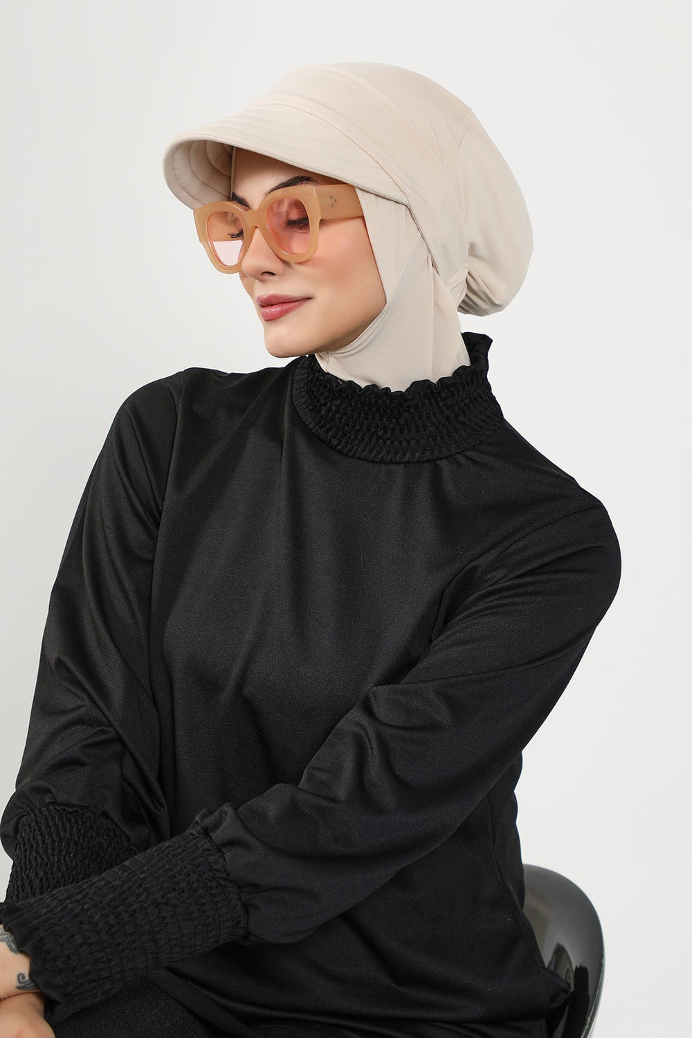 Modest Swim Turban with Detachable Visor, Quick Dry Ninja Cap for Women, Salt-Resistant Sea Bonnet Hijab,B-82SN Beige