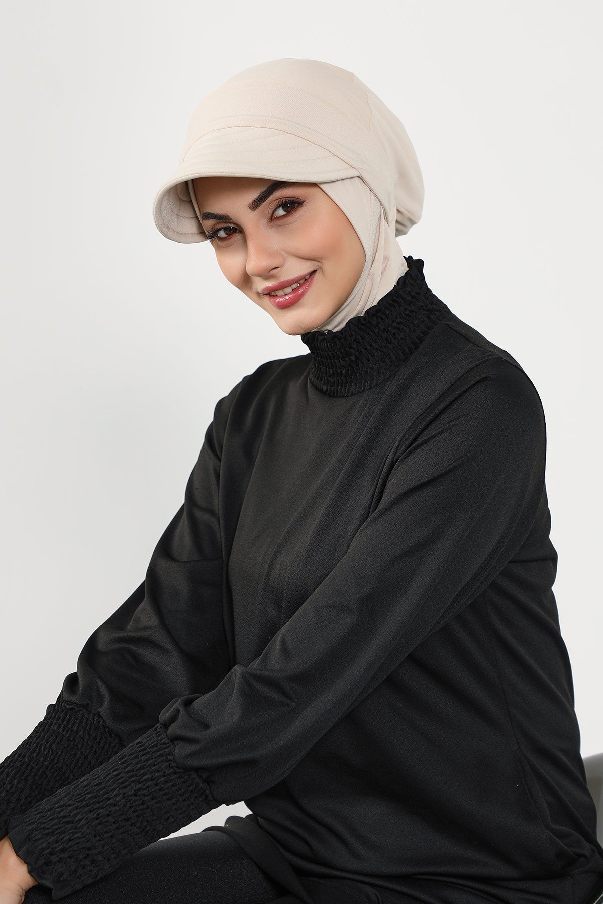 Modest Swim Turban with Detachable Visor, Quick Dry Ninja Cap for Women, Salt-Resistant Sea Bonnet Hijab,B-82SN Beige