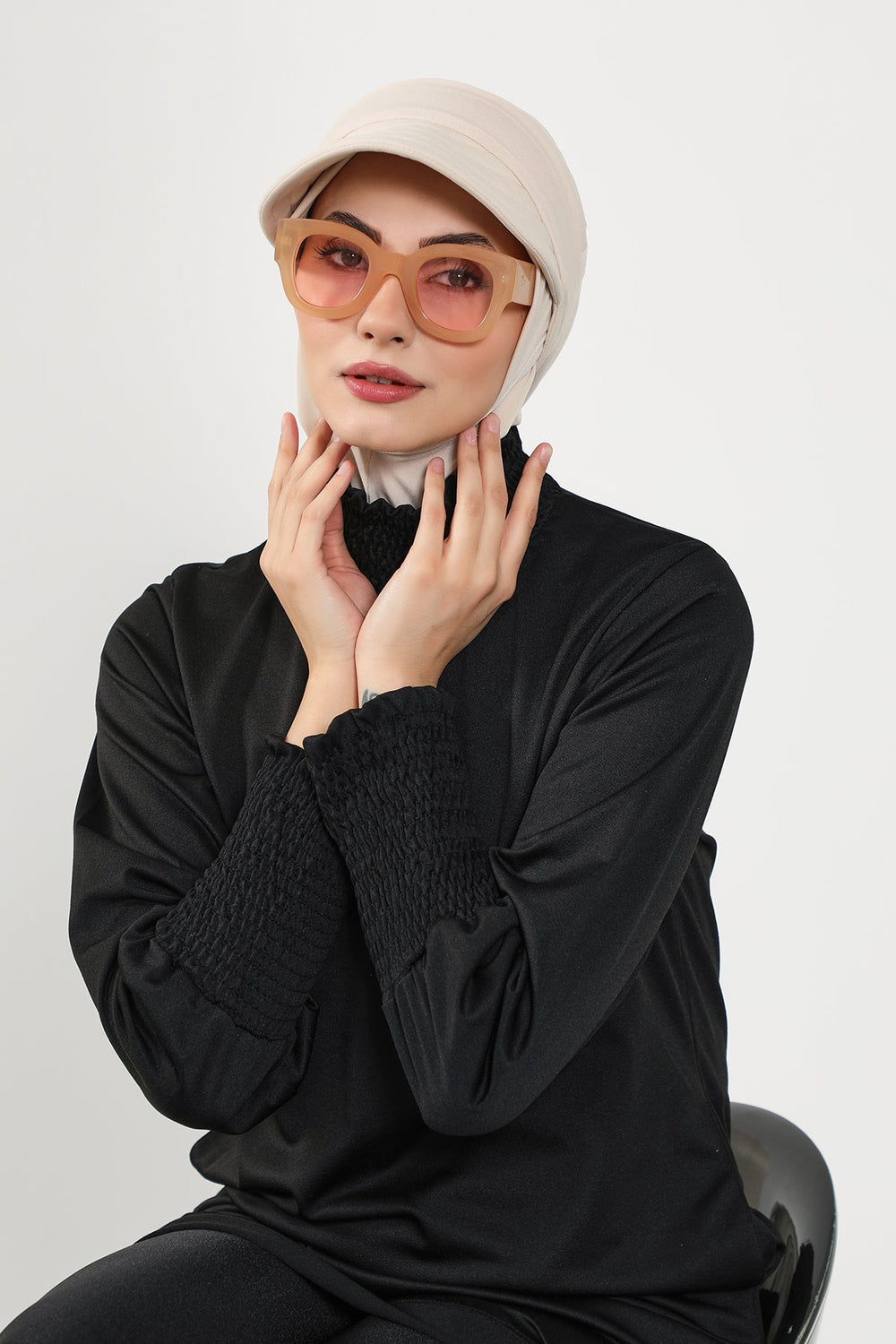 Modest Swim Turban with Detachable Visor, Quick Dry Ninja Cap for Women, Salt-Resistant Sea Bonnet Hijab,B-82SN Beige