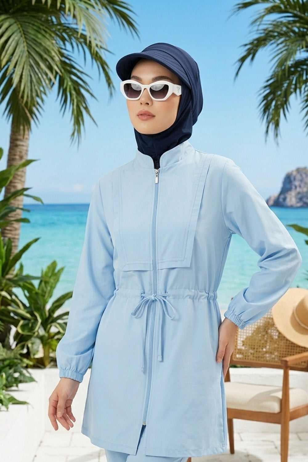 Modest Swim Turban with Detachable Visor, Quick Dry Ninja Cap for Women, Salt-Resistant Sea Bonnet Hijab,B-82SN Navy Blue