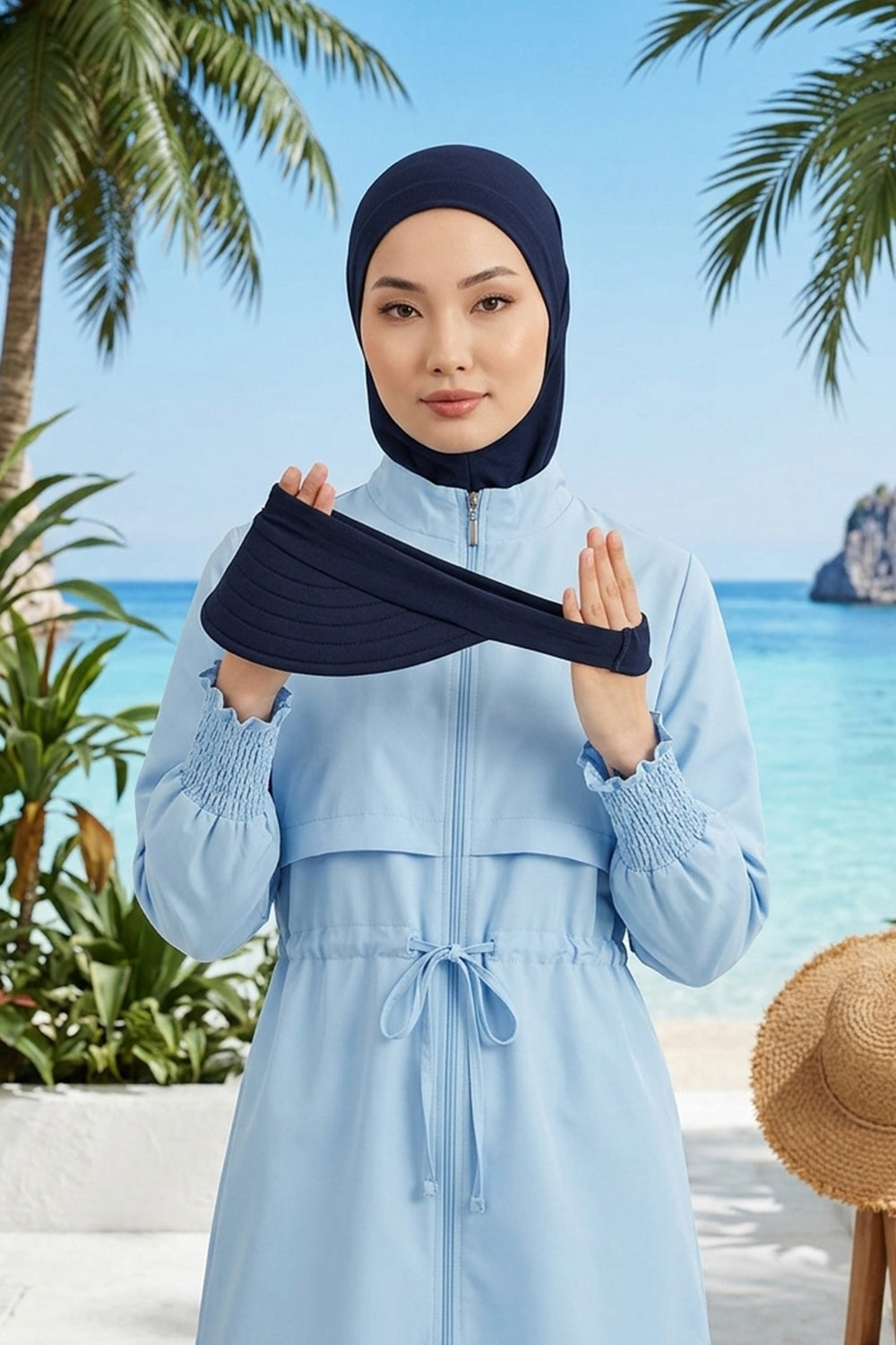 Modest Swim Turban with Detachable Visor, Quick Dry Ninja Cap for Women, Salt-Resistant Sea Bonnet Hijab,B-82SN Navy Blue