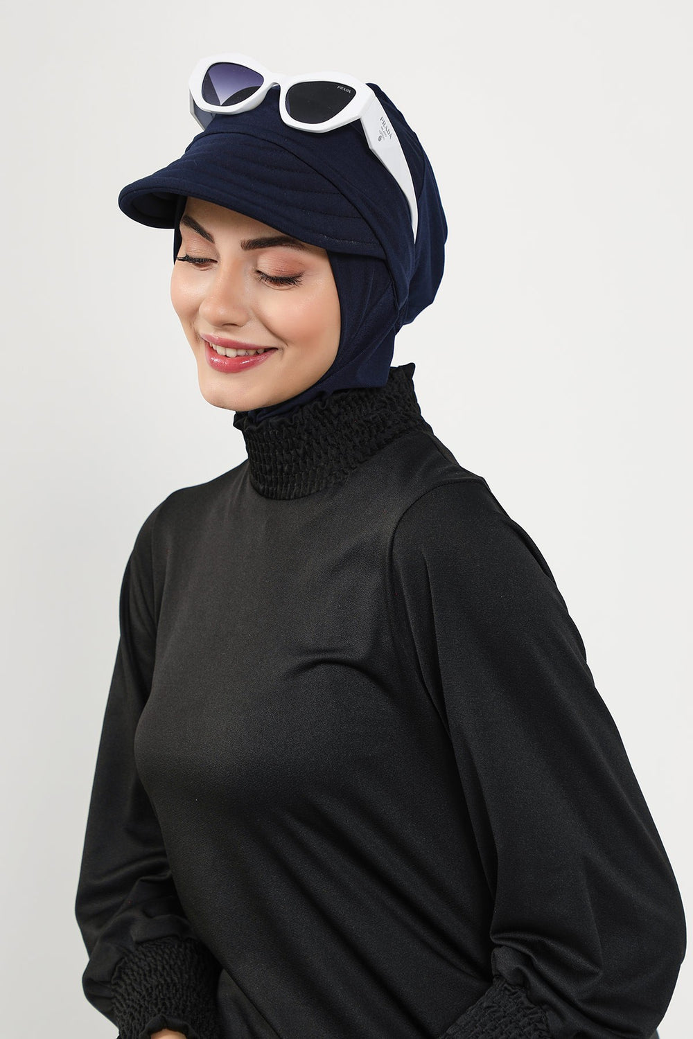 Modest Swim Turban with Detachable Visor, Quick Dry Ninja Cap for Women, Salt-Resistant Sea Bonnet Hijab,B-82SN Navy Blue
