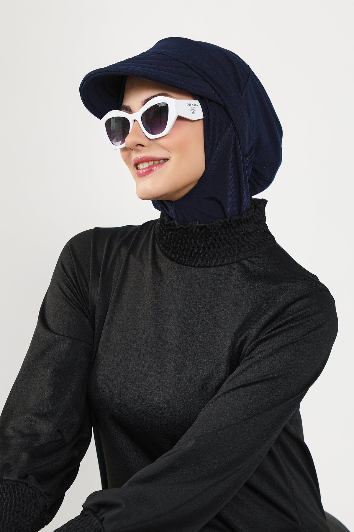 Modest Swim Turban with Detachable Visor, Quick Dry Ninja Cap for Women, Salt-Resistant Sea Bonnet Hijab,B-82SN Navy Blue