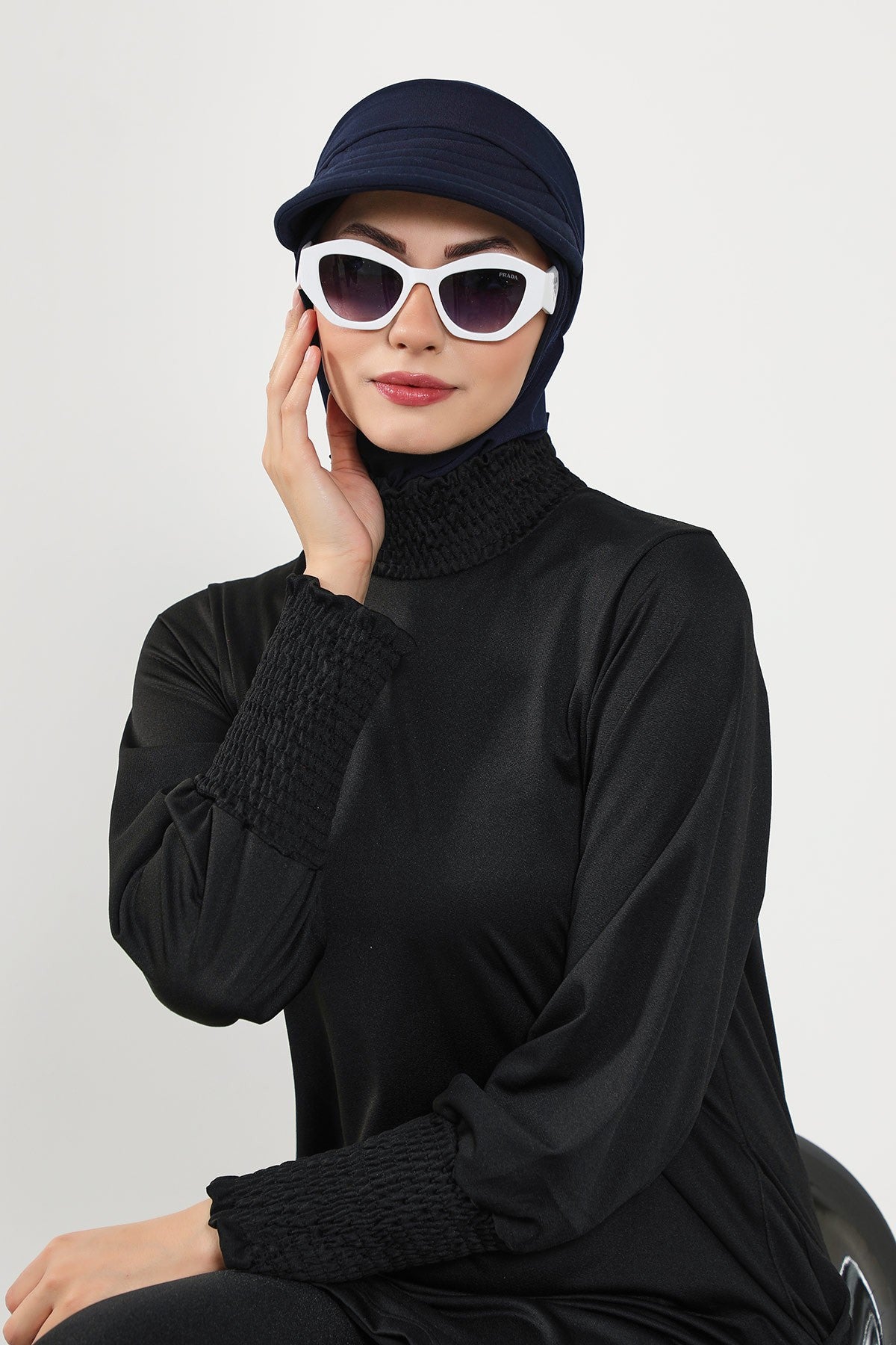 Modest Swim Turban with Detachable Visor, Quick Dry Ninja Cap for Women, Salt-Resistant Sea Bonnet Hijab,B-82SN Navy Blue