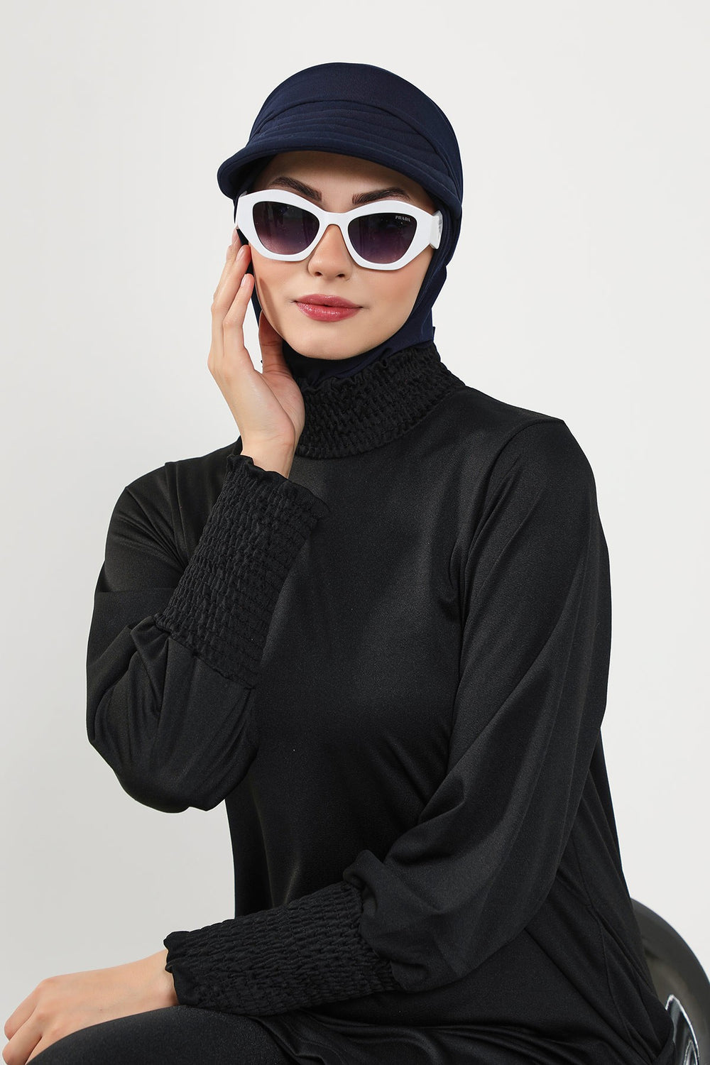 Modest Swim Turban with Detachable Visor, Quick Dry Ninja Cap for Women, Salt-Resistant Sea Bonnet Hijab,B-82SN Navy Blue