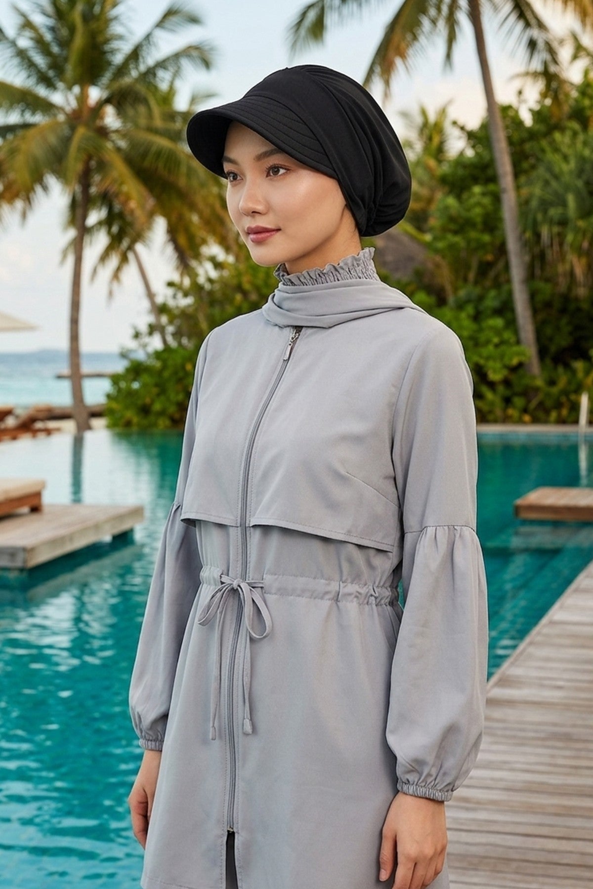 Modest Visor Turban Hat for Women, Quick Dry Swim-Friendly Hijab Cap, Lightweight Modest Beach Hat,B-73SN Black