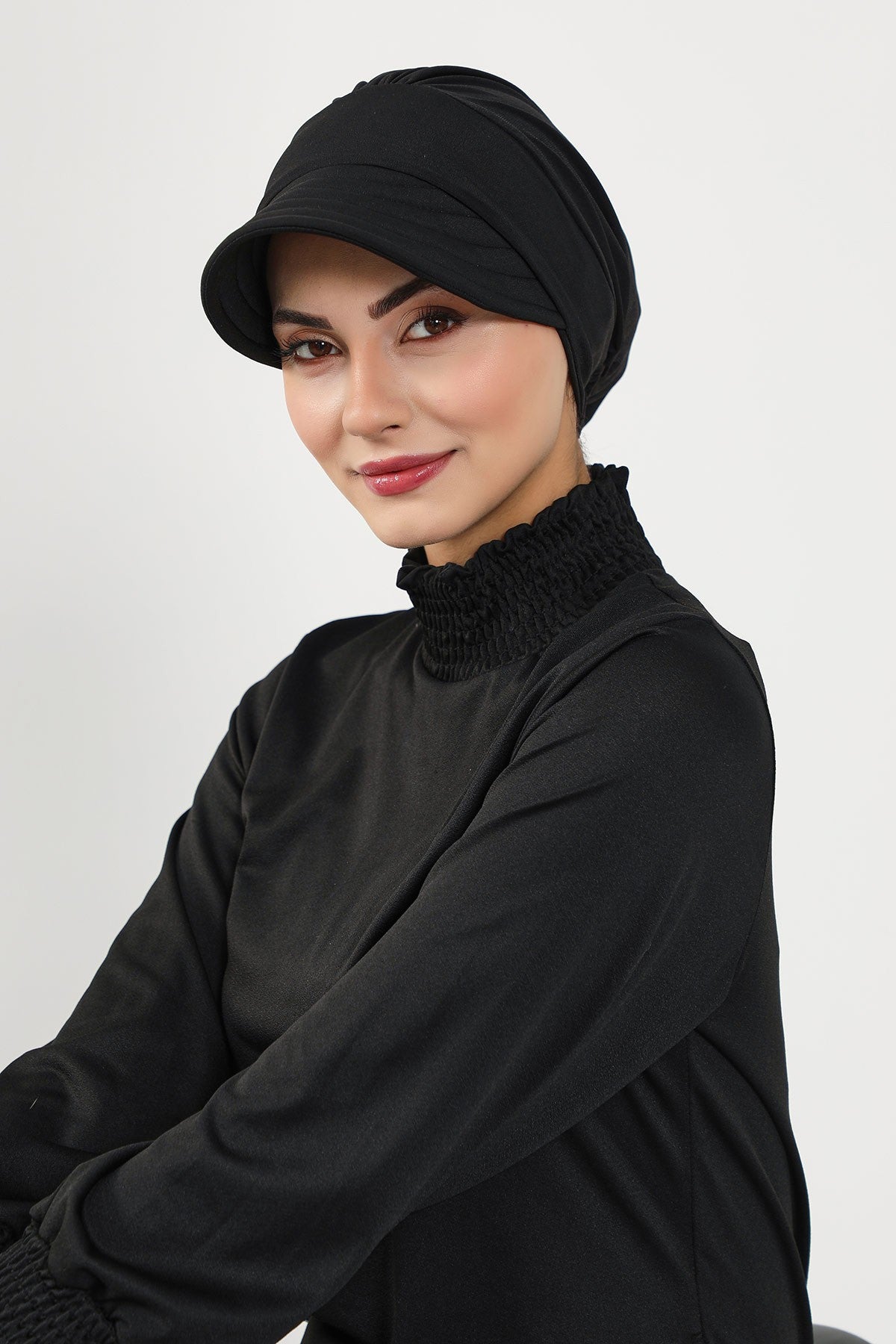 Modest Visor Turban Hat for Women, Quick Dry Swim-Friendly Hijab Cap, Lightweight Modest Beach Hat,B-73SN Black