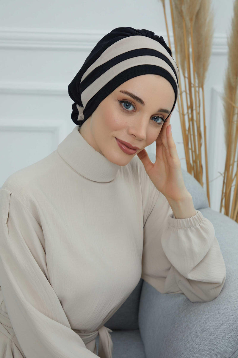 Stylish Double Colored Pre-tied Instant Turban For Women, Aerobin Fabric Floral Hijab Headscarf, Comfortable No Wrinkle Chemo Headwear,B-67