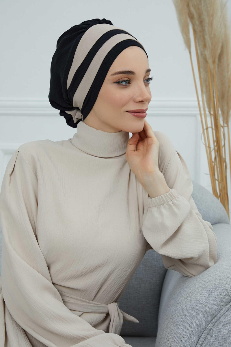 Stylish Double Colored Pre-tied Instant Turban For Women, Aerobin Fabric Floral Hijab Headscarf, Comfortable No Wrinkle Chemo Headwear,B-67