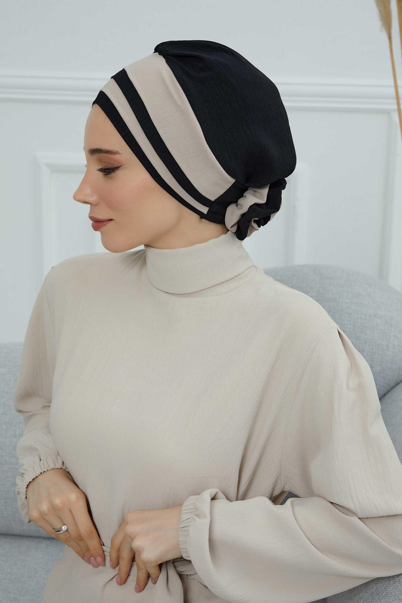 Stylish Double Colored Pre-tied Instant Turban For Women, Aerobin Fabric Floral Hijab Headscarf, Comfortable No Wrinkle Chemo Headwear,B-67