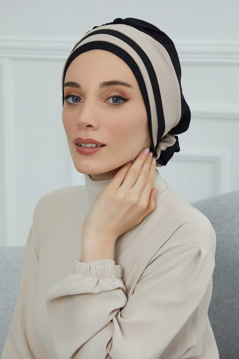 Stylish Double Colored Pre-tied Instant Turban For Women, Aerobin Fabric Floral Hijab Headscarf, Comfortable No Wrinkle Chemo Headwear,B-67