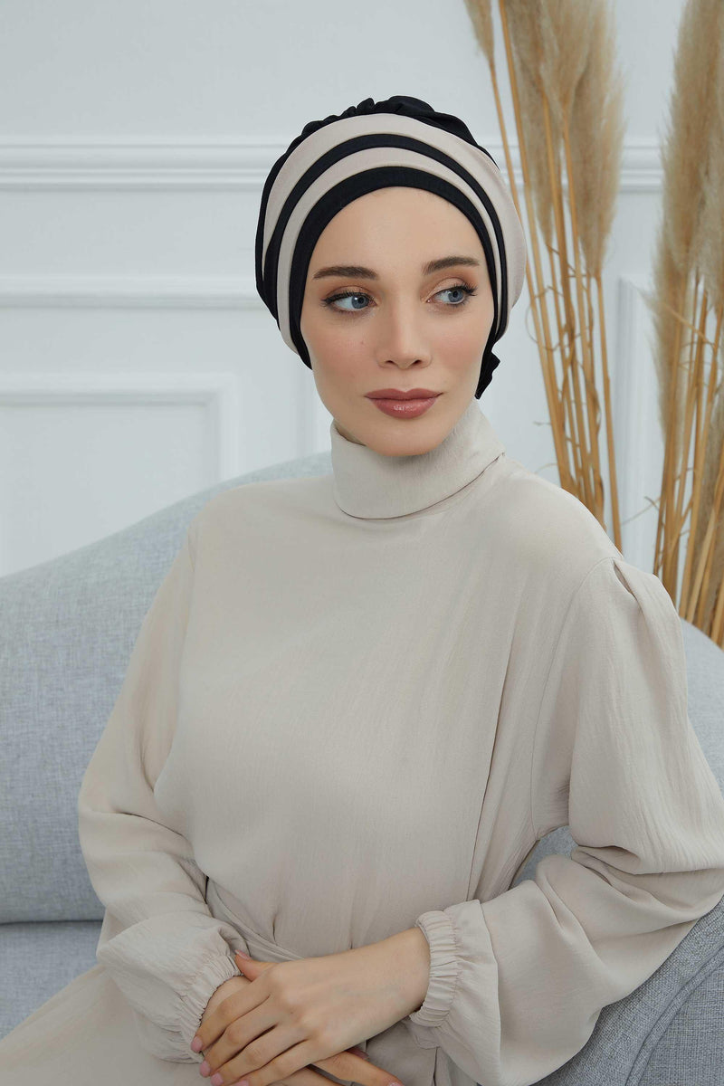 Stylish Double Colored Pre-tied Instant Turban For Women, Aerobin Fabric Floral Hijab Headscarf, Comfortable No Wrinkle Chemo Headwear,B-67