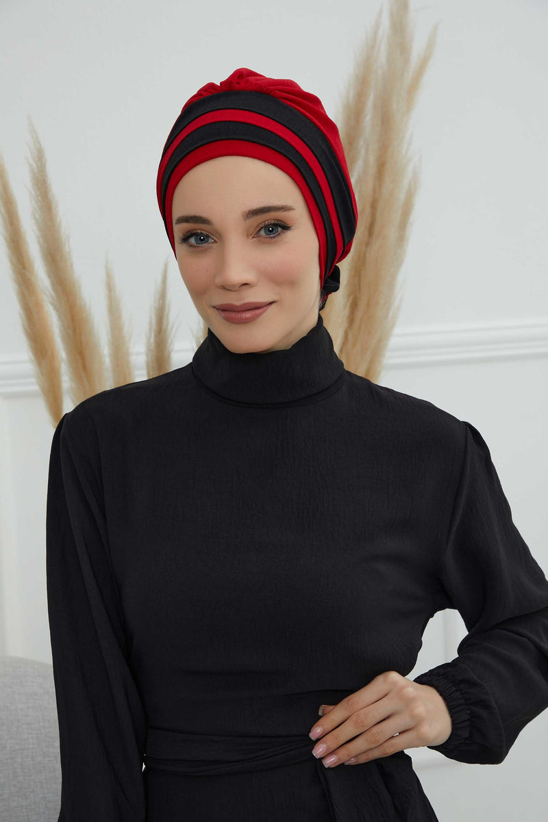 Stylish Double Colored Pre-tied Instant Turban For Women, Aerobin Fabric Floral Hijab Headscarf, Comfortable No Wrinkle Chemo Headwear,B-67