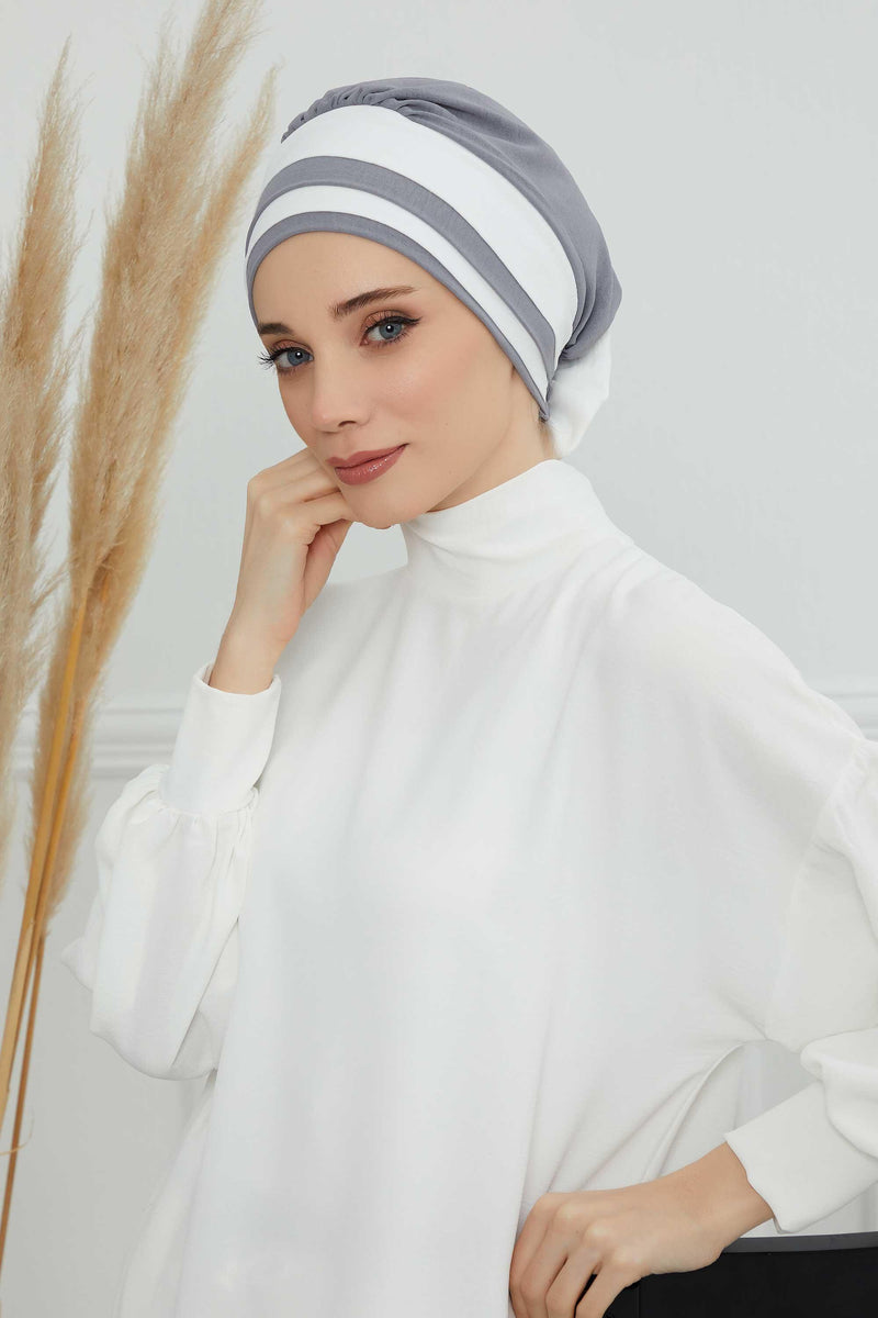 Stylish Double Colored Pre-tied Instant Turban For Women, Aerobin Fabric Floral Hijab Headscarf, Comfortable No Wrinkle Chemo Headwear,B-67