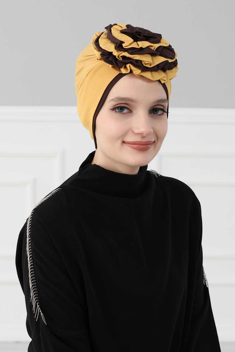 Floral Pre-Tied Instant Turban Fashionable Head Covering with Twin Colors, Soft Combed Cotton Easy Wear Hijab Headwrap with Rose Detail,B-28