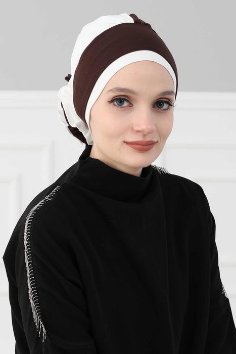 Floral Pre-Tied Instant Turban Fashionable Head Covering with Twin Colors, Soft Combed Cotton Easy Wear Hijab Headwrap with Rose Detail,B-28