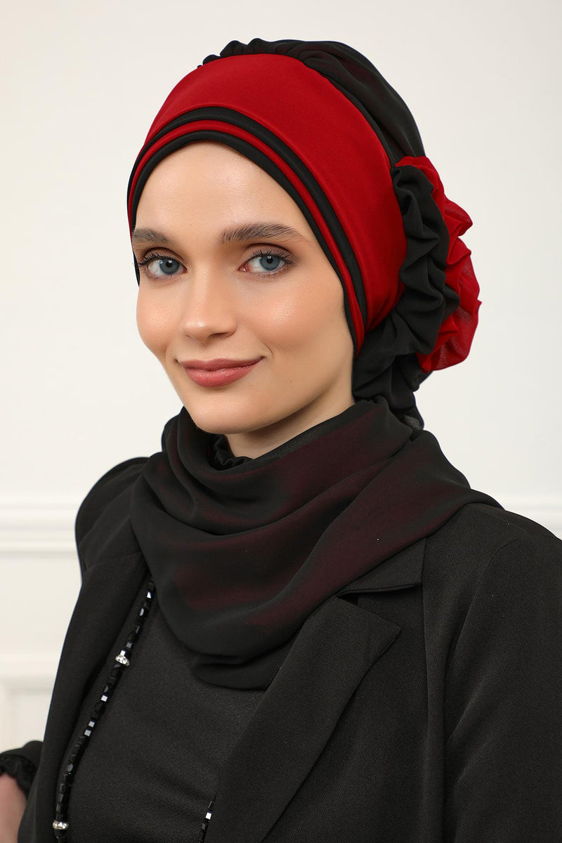 Multicolor Instant Turban Cotton Scarf Head Turbans with Unique Accessories For Women Headwear Stylish Elegant Design,HT-86 Black - Red