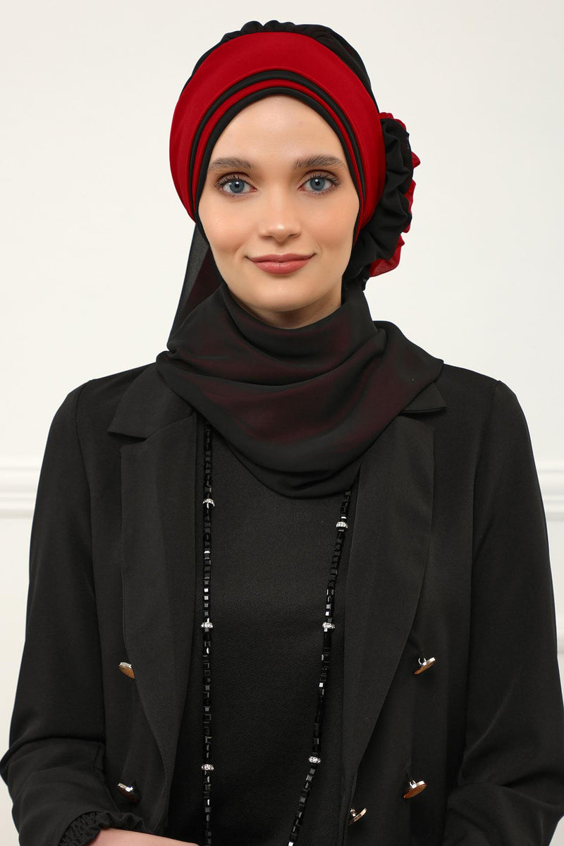 Multicolor Instant Turban Cotton Scarf Head Turbans with Unique Accessories For Women Headwear Stylish Elegant Design,HT-86 Black - Red