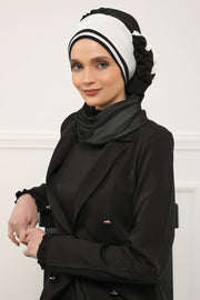 Multicolor Instant Turban Cotton Scarf Head Turbans with Unique Accessories For Women Headwear Stylish Elegant Design,HT-86 Black - White