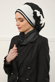 Multicolor Instant Turban Cotton Scarf Head Turbans with Unique Accessories For Women Headwear Stylish Elegant Design,HT-86 Black - White