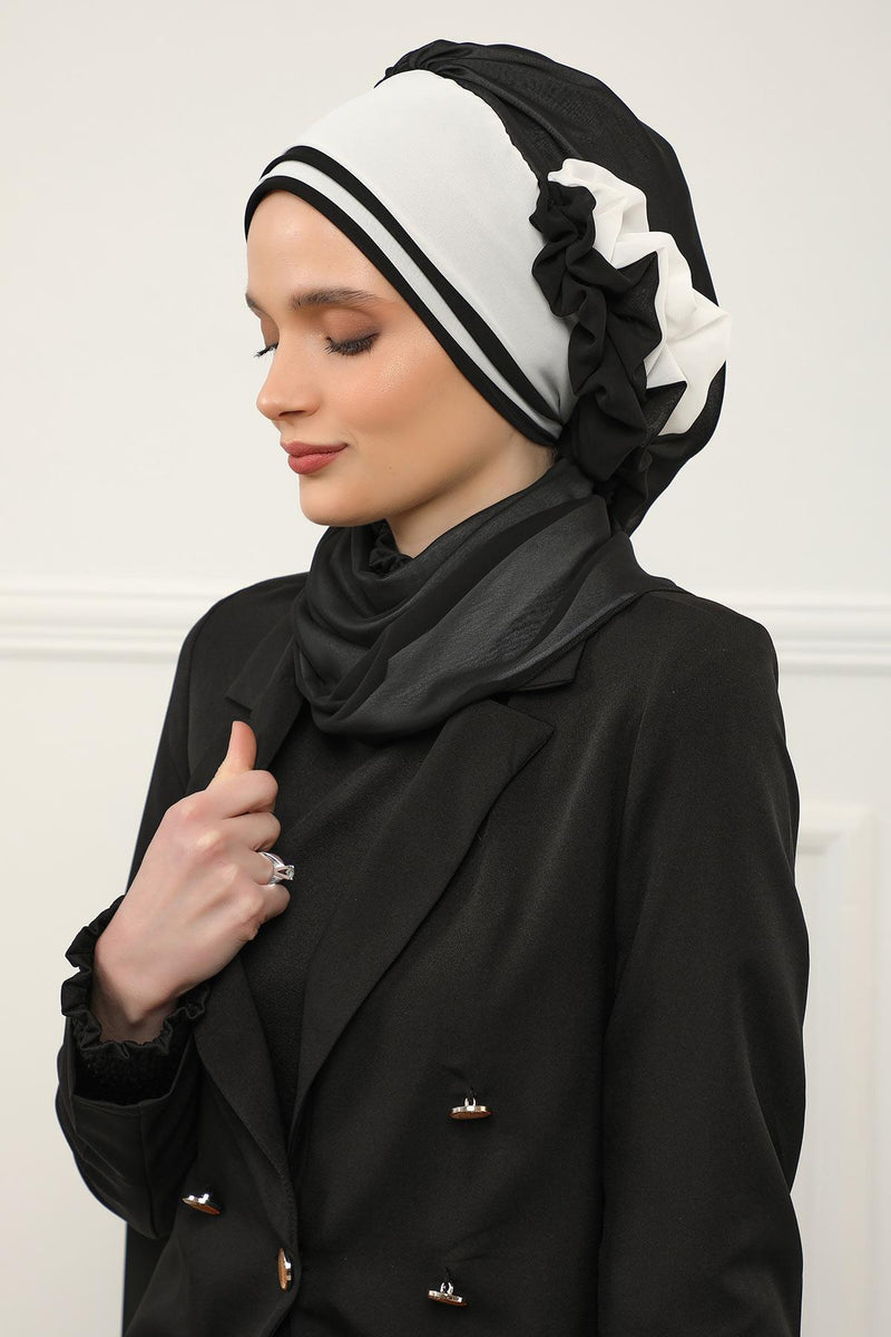 Multicolor Instant Turban Cotton Scarf Head Turbans with Unique Accessories For Women Headwear Stylish Elegant Design,HT-86 Black - White