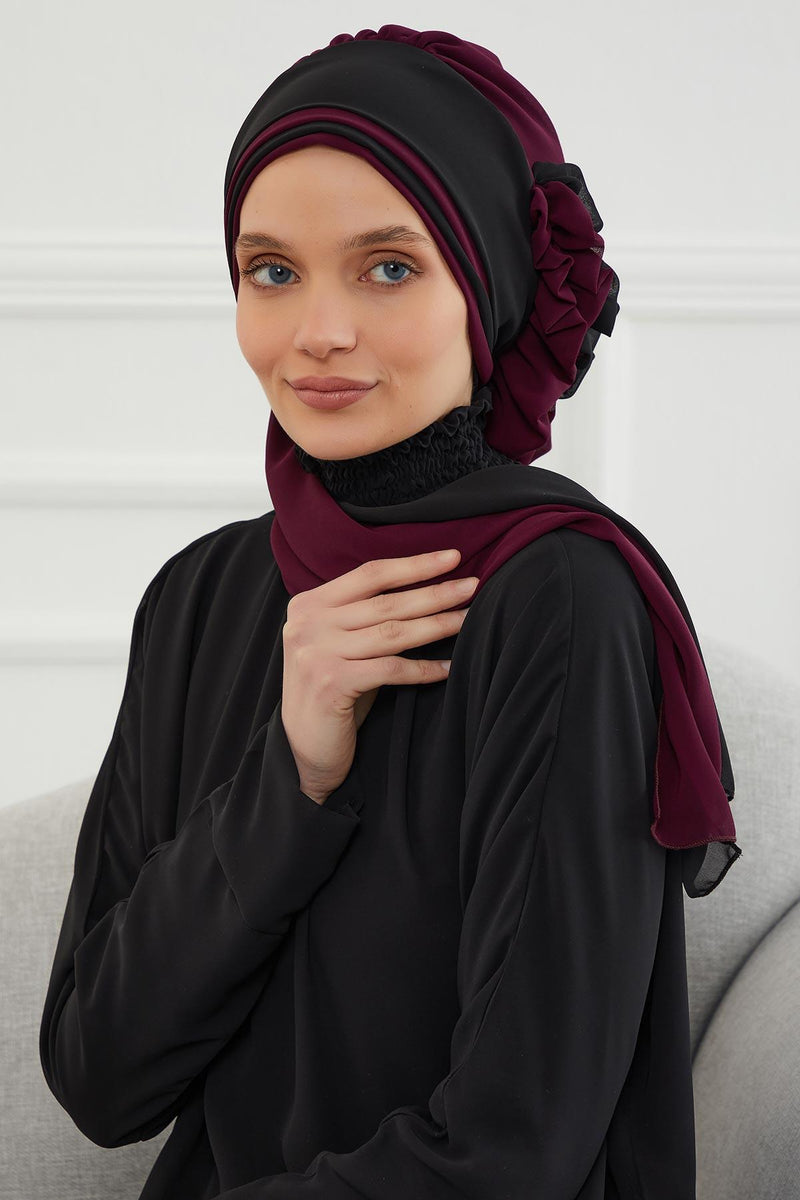 Multicolor Instant Turban Cotton Scarf Head Turbans with Unique Accessories For Women Headwear Stylish Elegant Design,HT-86 Damson - Black