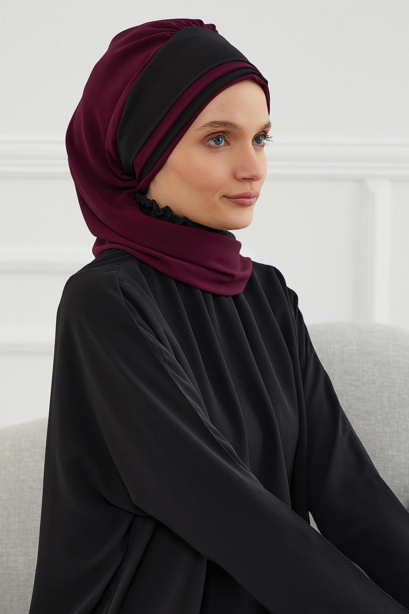 Multicolor Instant Turban Cotton Scarf Head Turbans with Unique Accessories For Women Headwear Stylish Elegant Design,HT-86 Damson - Black