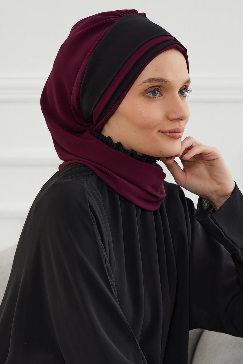 Multicolor Instant Turban Cotton Scarf Head Turbans with Unique Accessories For Women Headwear Stylish Elegant Design,HT-86 Damson - Black