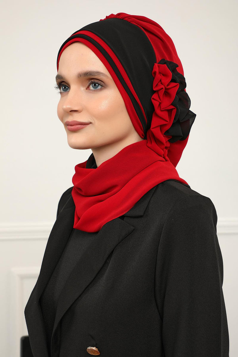 Multicolor Instant Turban Cotton Scarf Head Turbans with Unique Accessories For Women Headwear Stylish Elegant Design,HT-86 Red - Black