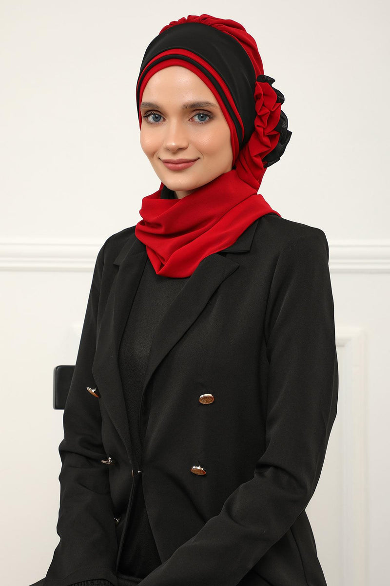 Multicolor Instant Turban Cotton Scarf Head Turbans with Unique Accessories For Women Headwear Stylish Elegant Design,HT-86 Red - Black