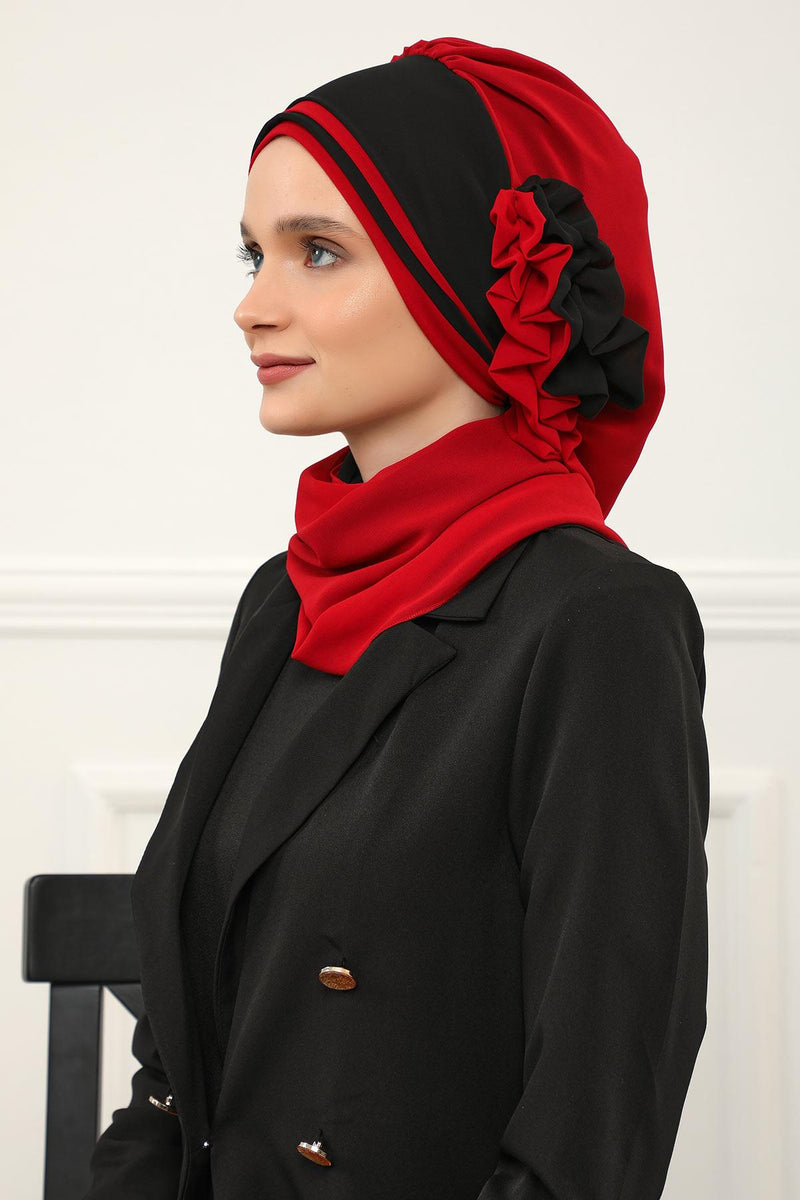 Multicolor Instant Turban Cotton Scarf Head Turbans with Unique Accessories For Women Headwear Stylish Elegant Design,HT-86 Red - Black