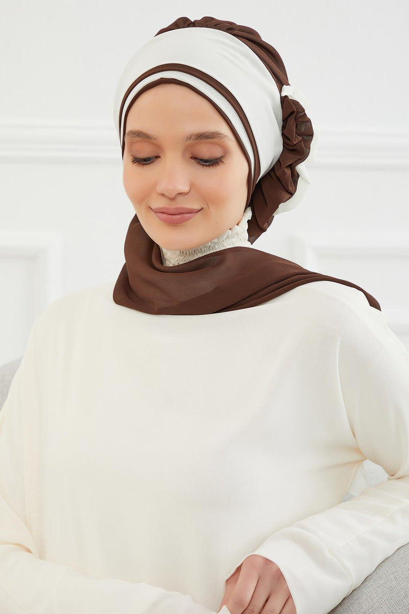 Multicolor Instant Turban Cotton Scarf Head Turbans with Unique Accessories For Women Headwear Stylish Elegant Design,HT-86 Brown - Ivory