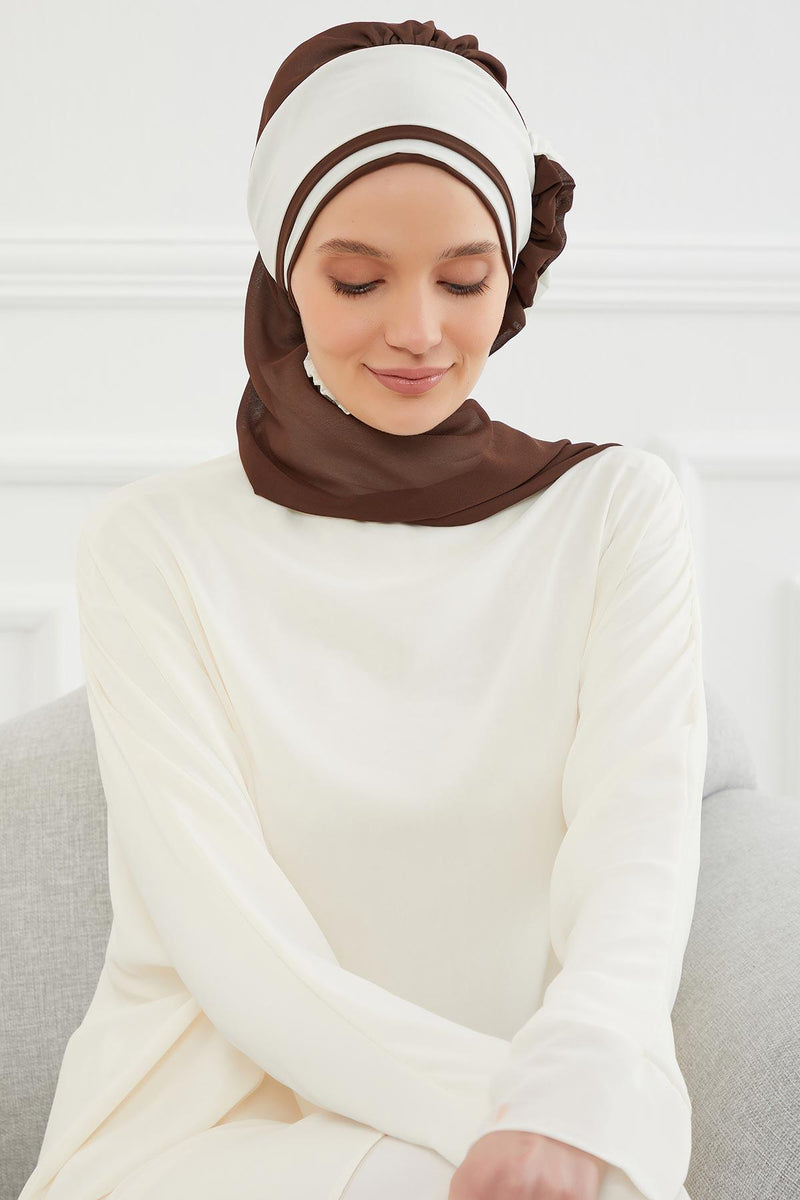 Multicolor Instant Turban Cotton Scarf Head Turbans with Unique Accessories For Women Headwear Stylish Elegant Design,HT-86 Brown - Ivory