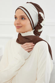 Multicolor Instant Turban Cotton Scarf Head Turbans with Unique Accessories For Women Headwear Stylish Elegant Design,HT-86 Brown - Ivory